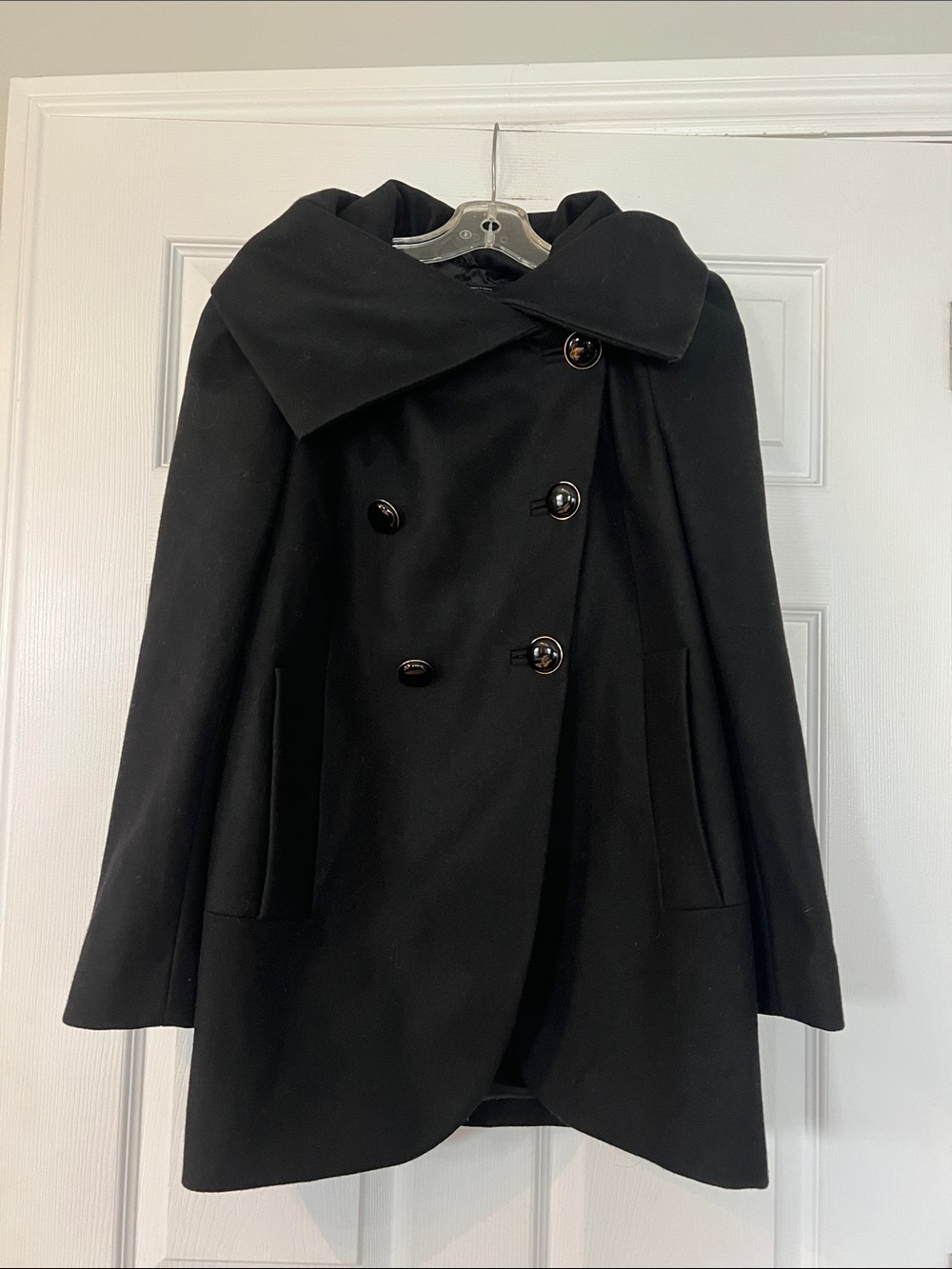 French Connection Black Double-Breasted Pea Coat with Wide Collar